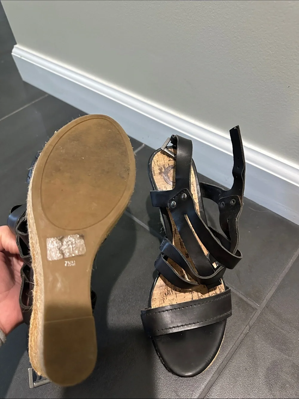 Guess Black Leather Espadrille Wedge Sandals